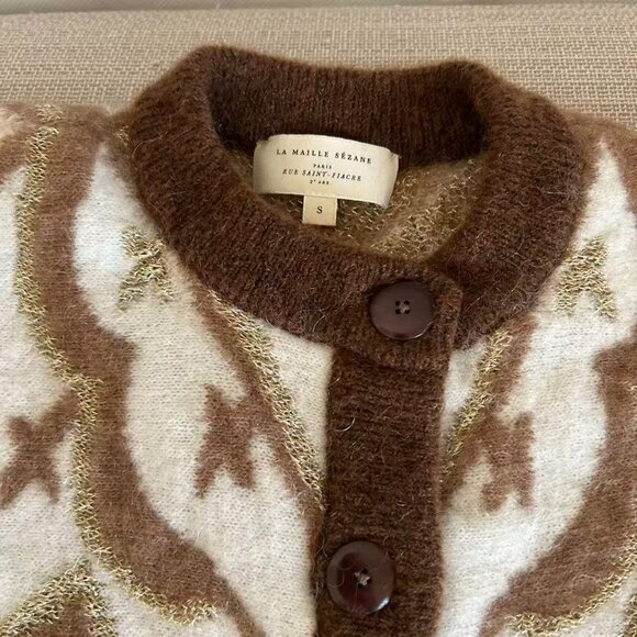 Sezane Margaux Cardigan Small Brown Camel Knit White Pink Wool Blend Sweater - Picture 6 of 9